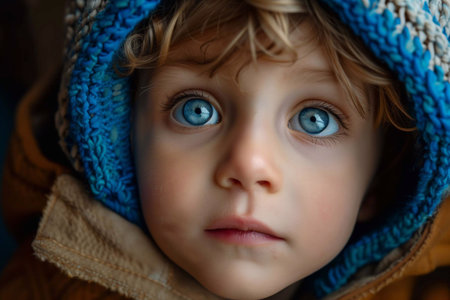 Child with bright blue eyes gazes curiously, wearing a colorful winter hooded jacketの素材