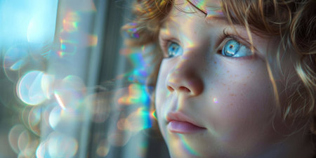 An autistic child gazes out a window, mesmerized by colorful light reflectionsの素材