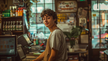 A young cashier smiles and engages with customers in a busy storeの素材