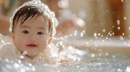 A baby joyfully splashes in water at a baptism with family members celebratingの素材