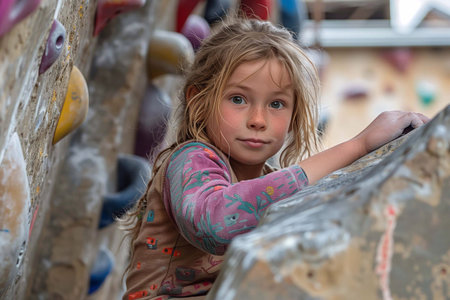 A young child climbs a colorful bouldering wall, showing enthusiasm and skill at the gymの素材