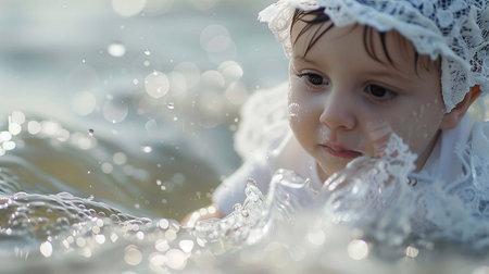A baby wearing a white baptism outfit enjoys the gentle waves in a peaceful outdoor locationの素材