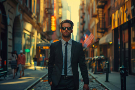 A man in a suit strides down a bustling city street surrounded by shops and pedestriansの素材