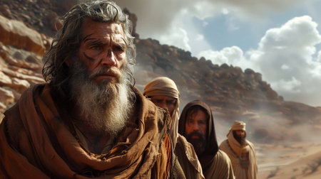 Biblical figures journey across sand toward distant mountains, embodying resilience and resolveの素材