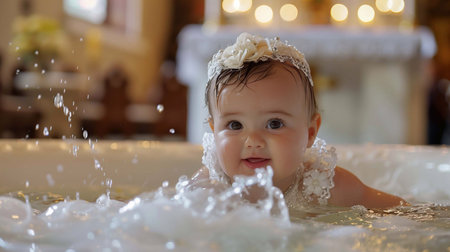 A joyful baby splashes in water during a baptism ceremony surrounded by loved ones in a churchの素材