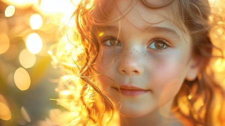 A curly-haired child with freckles joyfully explores at sunset, radiating happinessの素材