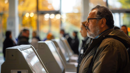 Voter stands in line, carefully casting ballot at a polling station amidst autumn trees outsideの素材