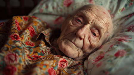 An elderly person in bed receives gentle care from a caregiver in a cozy settingの素材