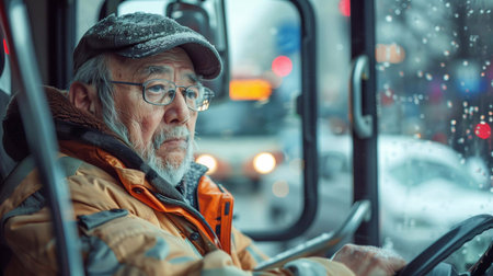 An experienced bus driver focuses on the road as snow falls, creating a cozy vibeの素材