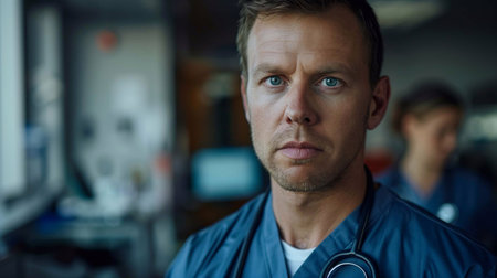 A cardiologist in scrubs gazes intently, surrounded by a bustling hospital environmentの素材