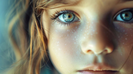 A child with bright blue eyes and tousled hair is lost in thought, reflecting emotionsの素材