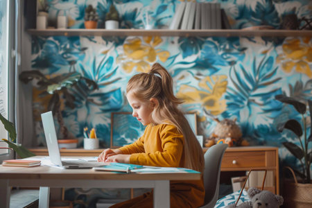 A child is engaged in homework at a stylish desk surrounded by vibrant plant-themed wallpaperの素材