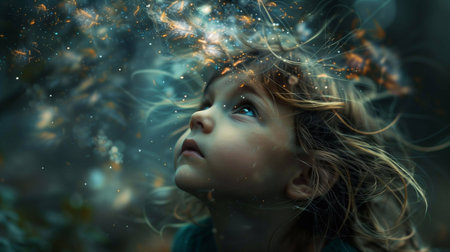 A young child gazes up, captivated by swirling colors and light, igniting imaginationの素材