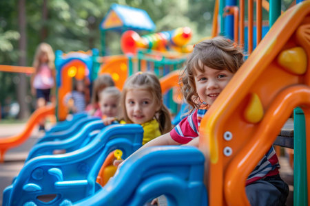 Kids enjoy playing together on colorful playground equipment, laughing and having fun outsideの素材