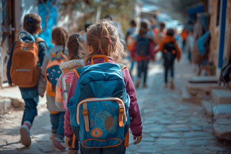 Children head to school together, chatting and laughing on a vibrant street lined with buildingsの素材