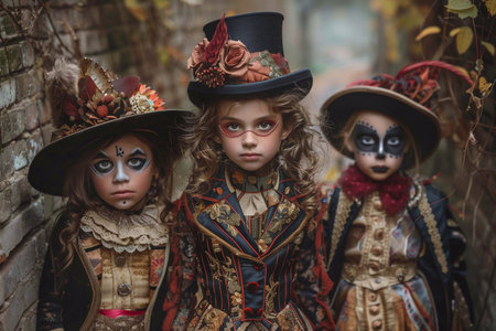 Three children in striking costumes pose confidently outdoors, surrounded by fall foliageの素材