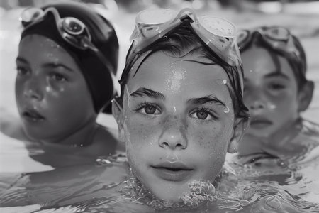 Young swimmers concentrate on their race, showcasing dedication and excitement at the competitionの素材