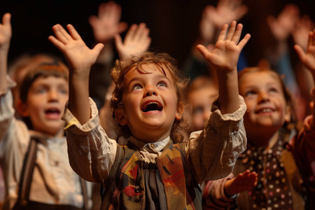 Young performers joyfully engage the audience in a lively school playの素材