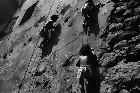 Three children skillfully climb a textured wall, demonstrating their adventurous play in the cityの素材
