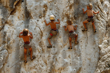 Four kids climb a rock wall in bright sunlight, showing teamwork and excitementの素材