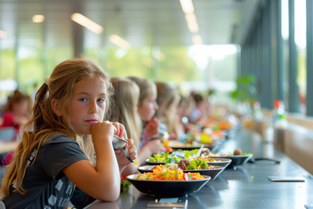 Children enjoy colorful healthy meals together in a spacious school canteenの素材