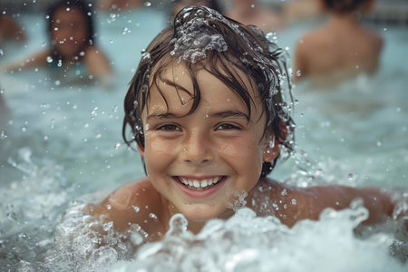 A young boy joyfully splashes in the water at an exciting, lively water parkの素材