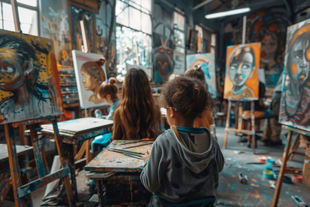 Kids create colorful art on easels in a vibrant, creative studioの素材