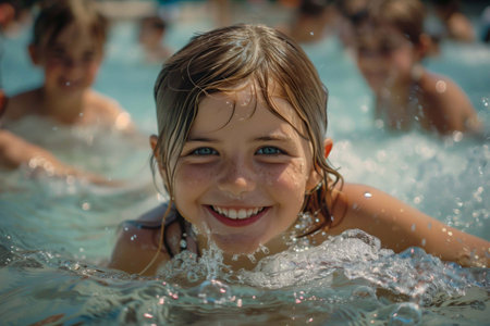 Kids are swimming and laughing in a lively water park under bright sunshine, enjoying their dayの素材