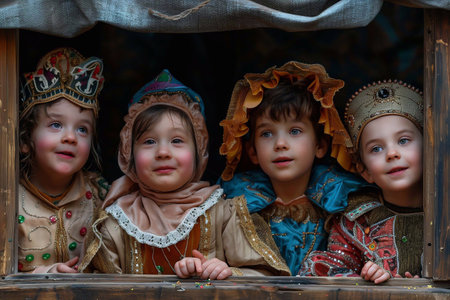 Four kids in colorful costumes smile, captivated by a lively puppet showの素材