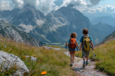 Two children trek on a mountain trail with stunning views, enjoying nature and adventureの素材