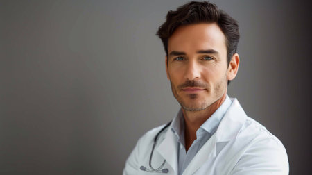 A dermatologist stands confidently in a well-lit office wearing a white coat and a stethoscopeの素材