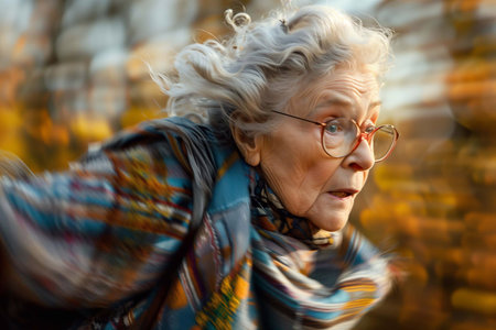 An elderly woman with white hair and glasses jogs through a colorful park of autumn leavesの素材