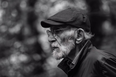 An elderly man in a cap is jogging through a serene park with lush greenery on a sunny morningの素材