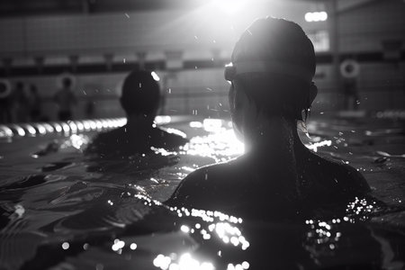 Swimmers focus on their competition as they prepare in the pool's calm water under bright lightsの素材