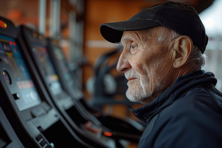 An elderly man is walking on a treadmill in a gym, focused on his workout amid various machinesの素材