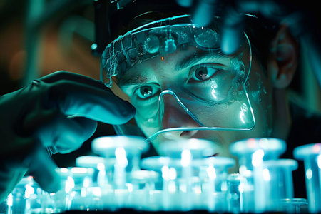 A scientist scrutinizes a test tube in a lab dedicated to human cloning researchの素材