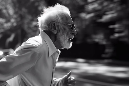 Elderly man runs energetically in a park, surrounded by nature on a sunny afternoonの素材