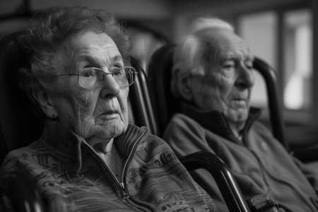 An elderly couple sits side by side in gym chairs, focused and content during a fitness sessionの素材
