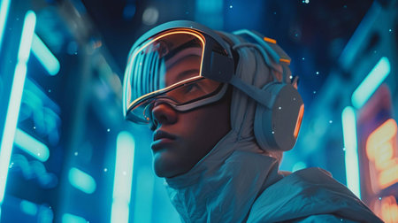 A person in a high-tech suit gazes at vibrant neon lights in a busy digital worldの素材