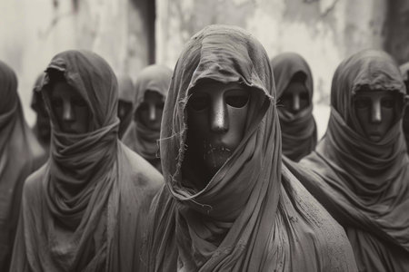 Cloaked figures with masks stand closely together, participating in a mysterious gathering at duskの素材