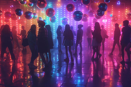 Young people dance and socialize at a vibrant retro disco with colorful lightsの素材