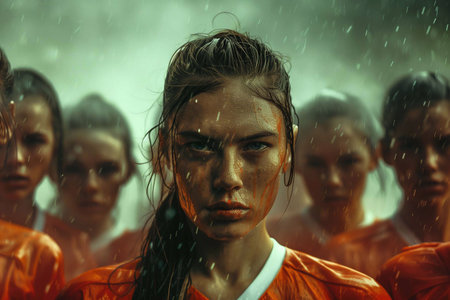 A group of women athletes display intense focus and teamwork while facing the rainの素材