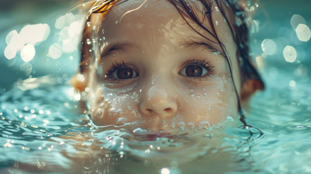Child enjoys swimming, displaying confidence and delight while surrounded by water bubblesの素材
