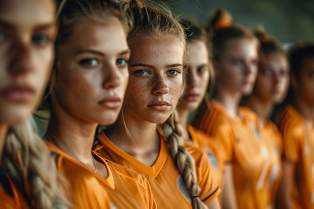 A group of young women stands together, focused, in bright orange jerseys on a sunny day outdoorsの素材
