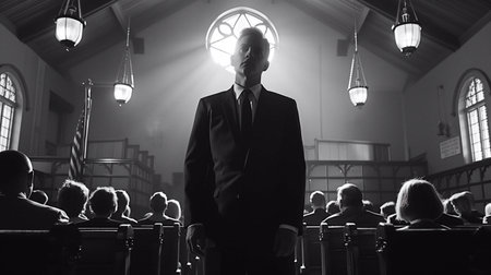 A preacher confidently delivers a heartfelt sermon to a packed churchの素材