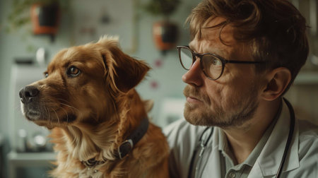A veterinarian gives attention to a dog during a routine check-up in a calming clinic environmentの素材