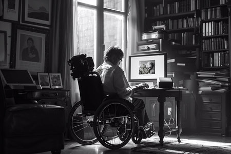 A person in a wheelchair intensely uses a computer amid books and photos in a cozy studyの素材