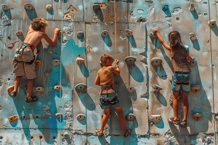 Three kids climb a colorful rock wall at the park, enjoying the sun and the challengeの素材