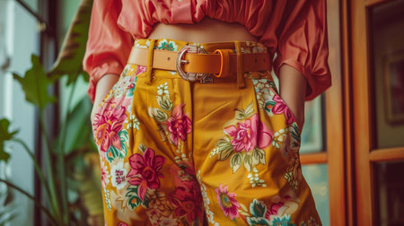 Colorful floral trousers and a stylish belt stand out as someone poses in a vivid indoor spaceの素材