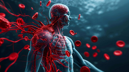 A detailed view shows arterial compression points and highlights blood flow dynamics and anatomyの素材